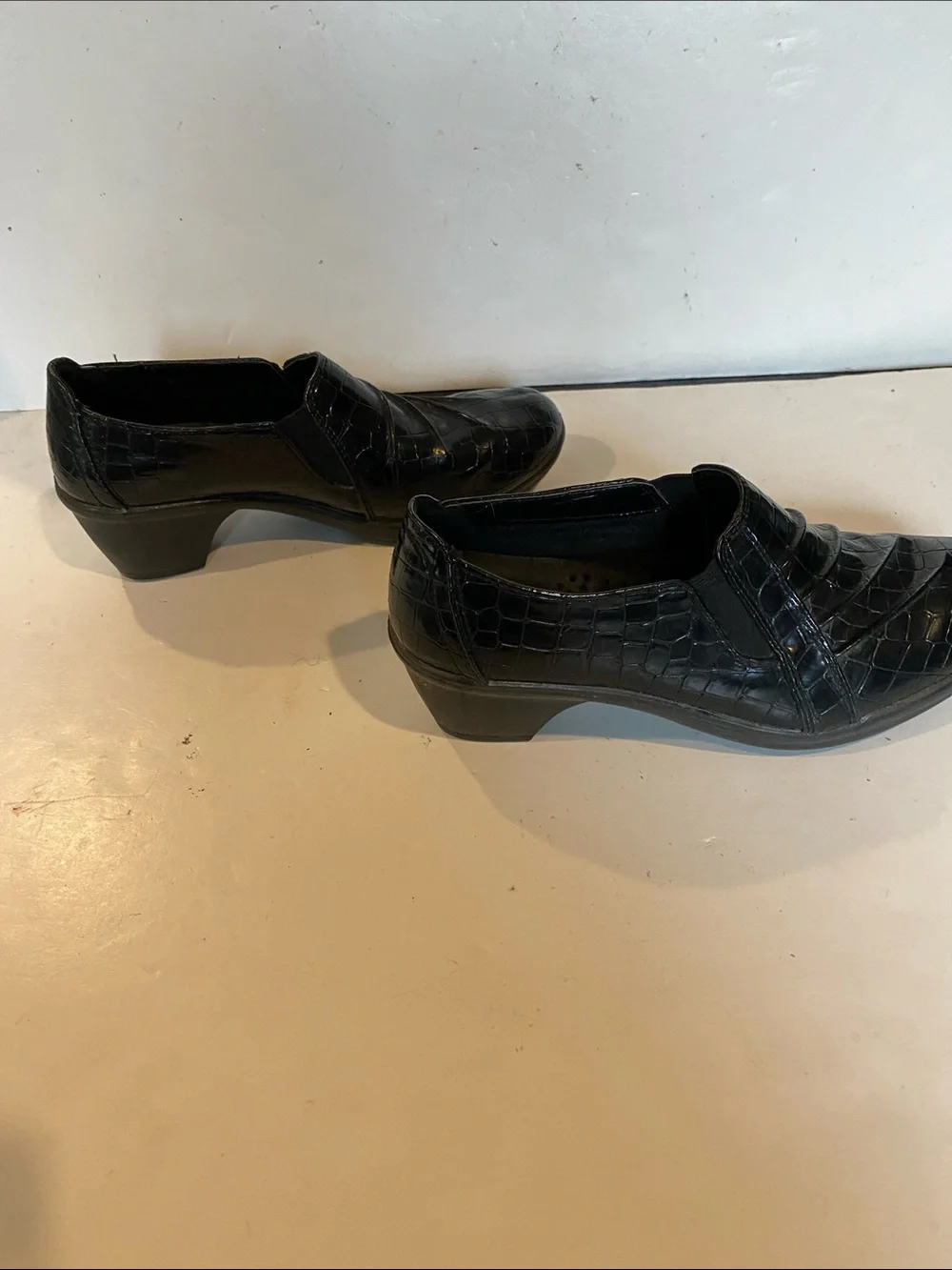 Clarks May Marigolds Black Croc Pattern Wedges